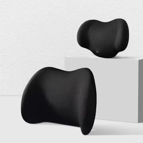 Black memory cotton car seat cushion shown as a headrest and a separate back support piece on a car seat.