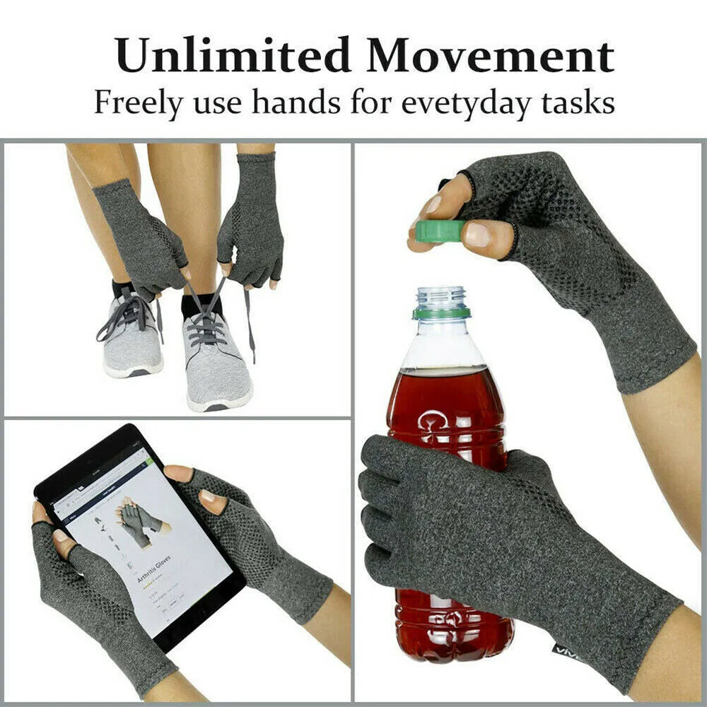 Grey half-finger compression glove with anti-slip palm, showing stretchy trueran spandex fabric and open fingertips.