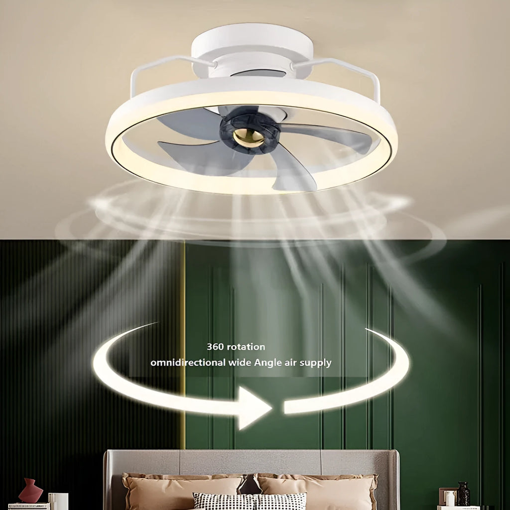 Modern white ceiling fan light with acrylic lampshade and five polycarbonate blades.