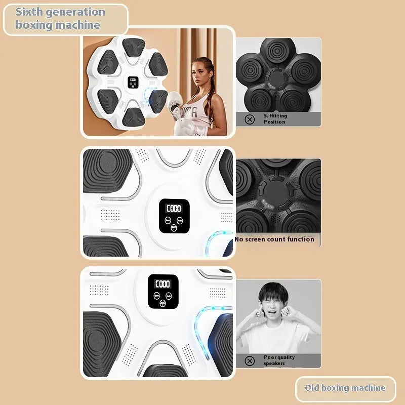 Smart music boxing machine wall target with electronic display and multiple glove colour options