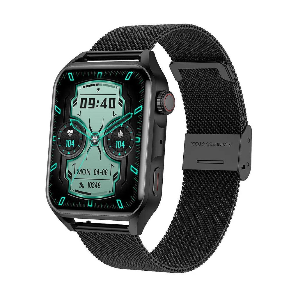 Black smart watch with HD AMOLED screen and silicone strap on a wrist, showing a multi-dial display.