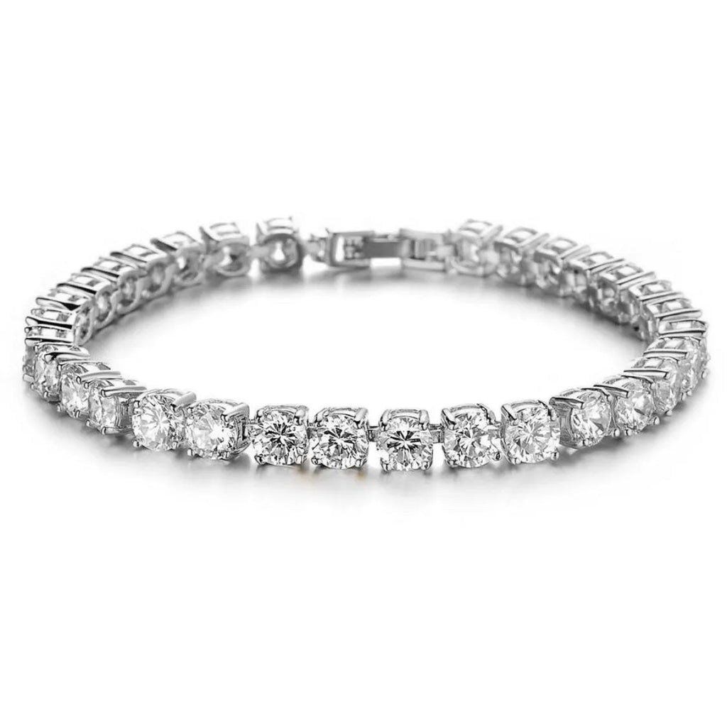 Men's geometric chain link bracelet with single row iced-out rhinestones and tennis charm styling