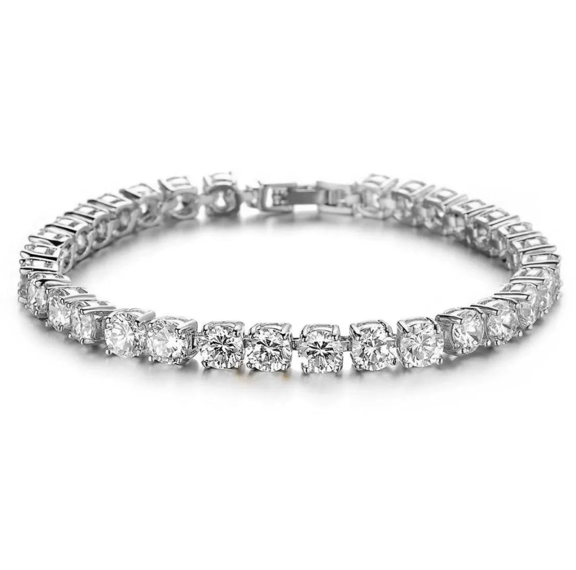 Men's geometric chain link bracelet with single row iced-out rhinestones and tennis charm styling
