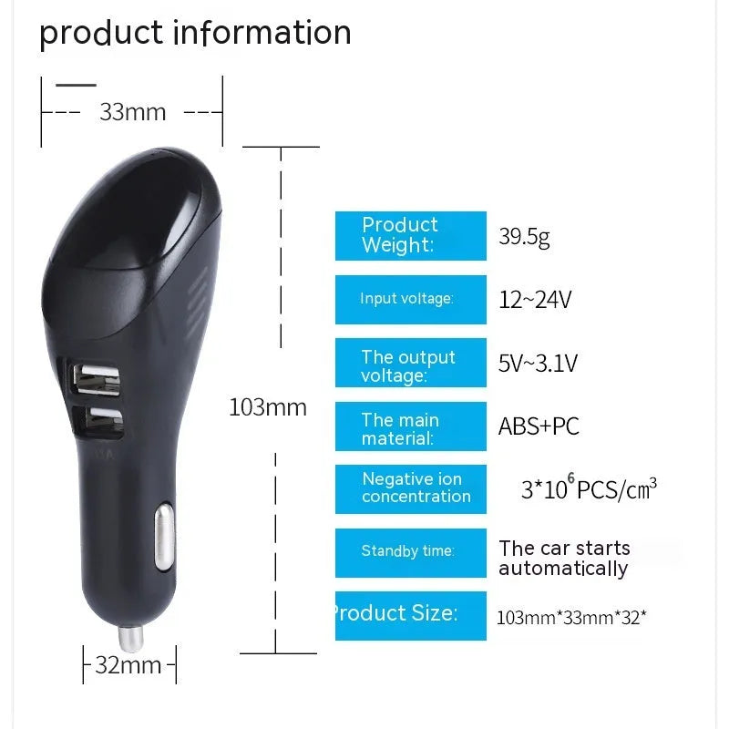 White car USB charger with integrated negative ion air purifier showing compact design