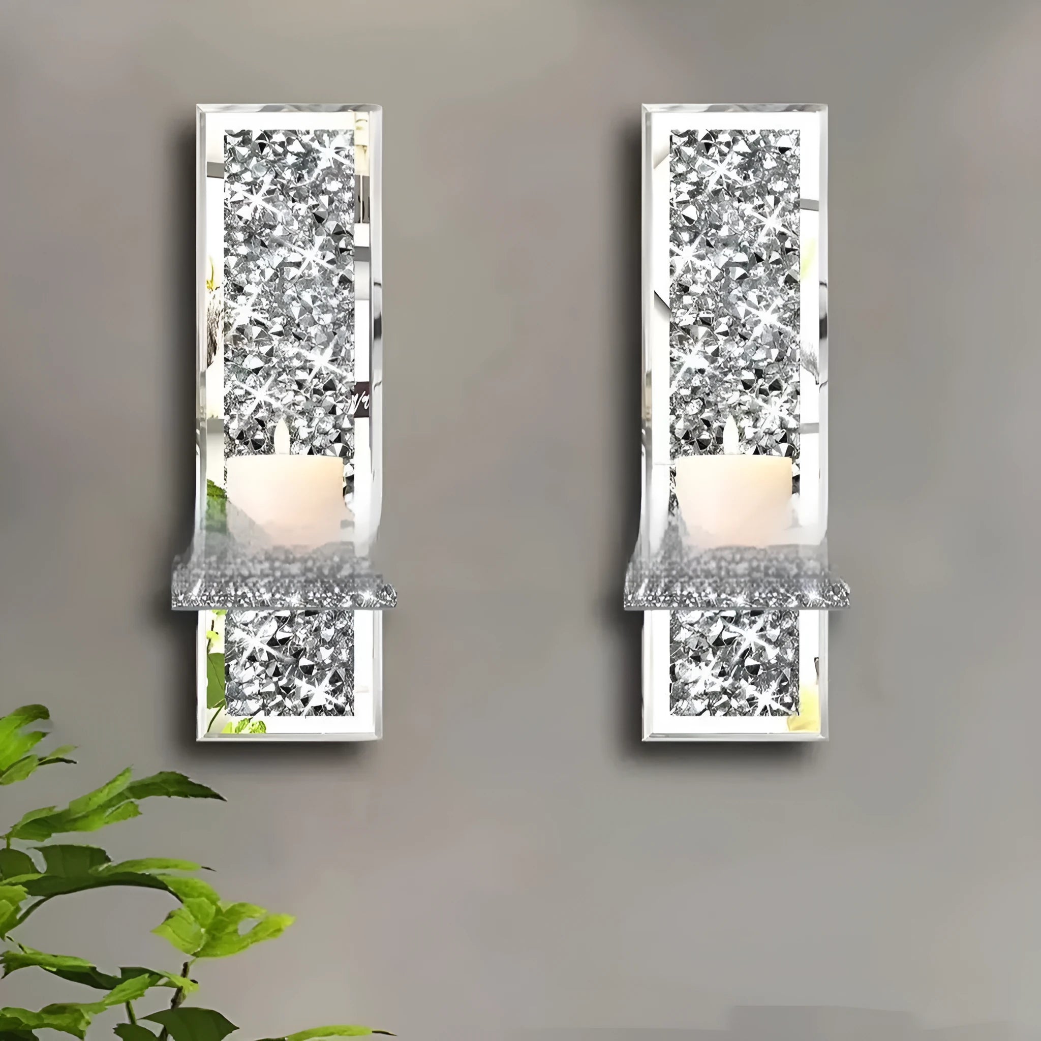 Pair of silver glass wall candlesticks with modern minimalist design