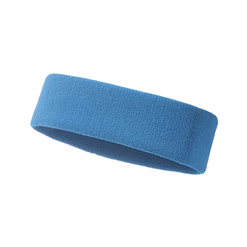 Widened elastic sports sweat headband in solid colours: black, red, blue, rose red, sky blue.