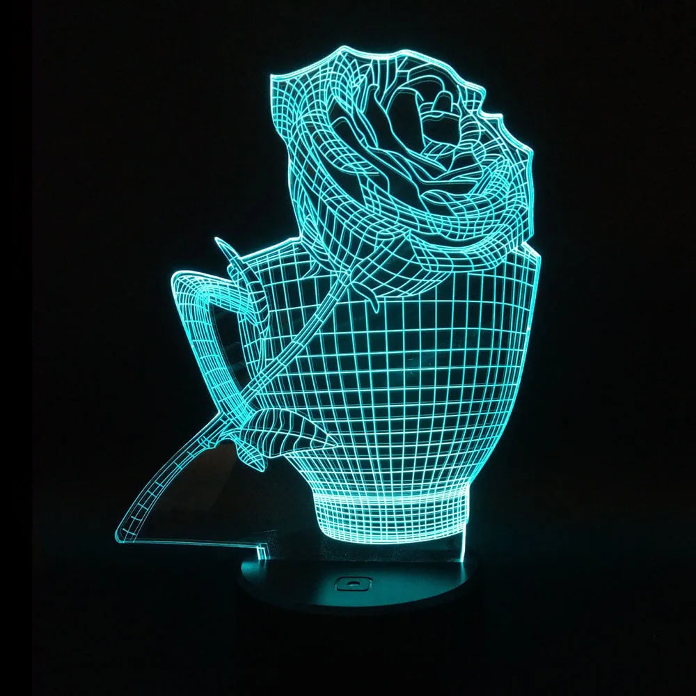 3D rose flower night light with acrylic design and ABS base showing colour changing options