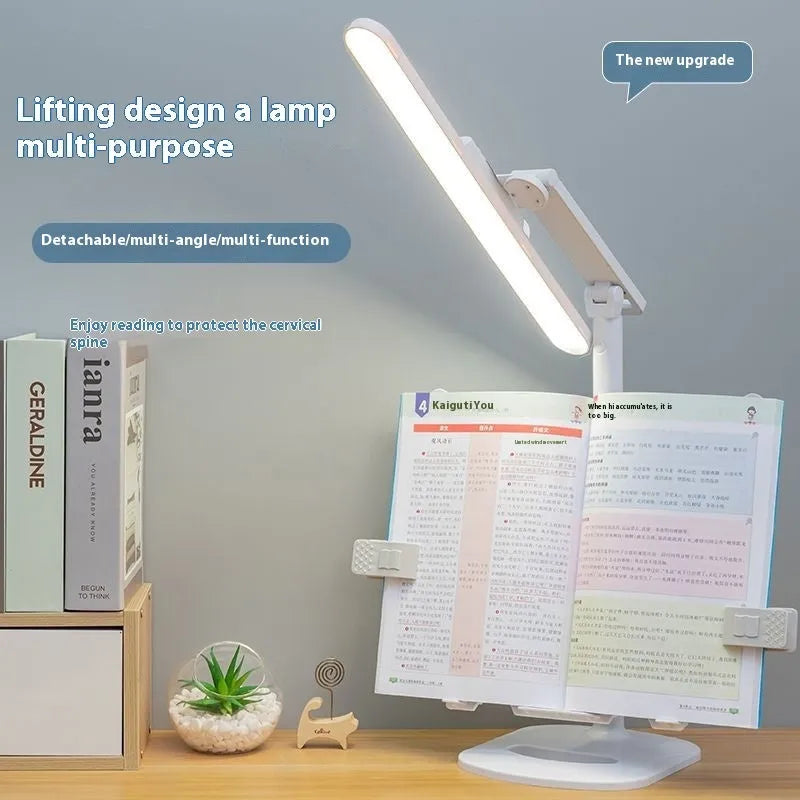 Adjustable LED table lamp with bookshelf design showing three colour temperature settings and charging cable