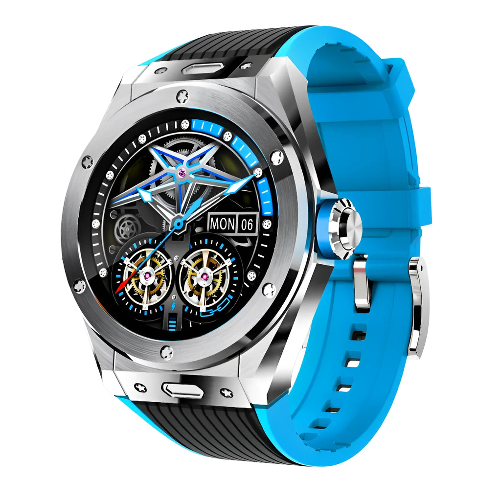 MV58 black smart watch with silicone strap showing heart rate and call functions on screen