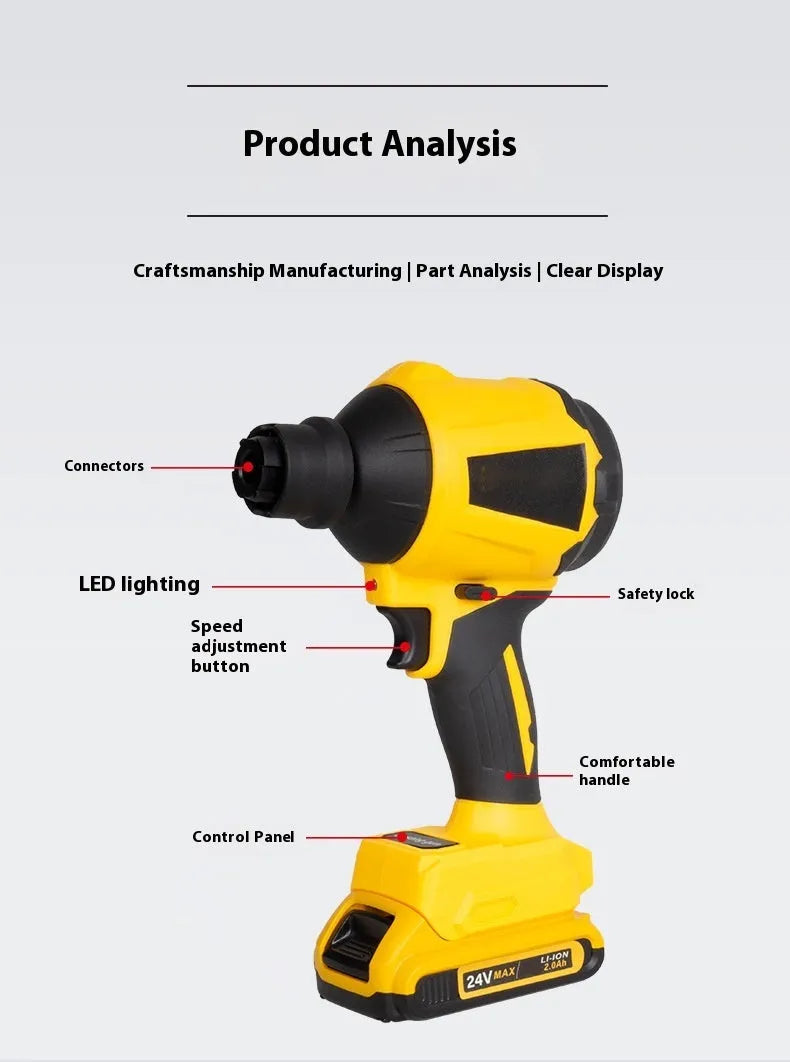 Yellow cordless rechargeable dust gun with blowing and suction functions for office and home cleaning