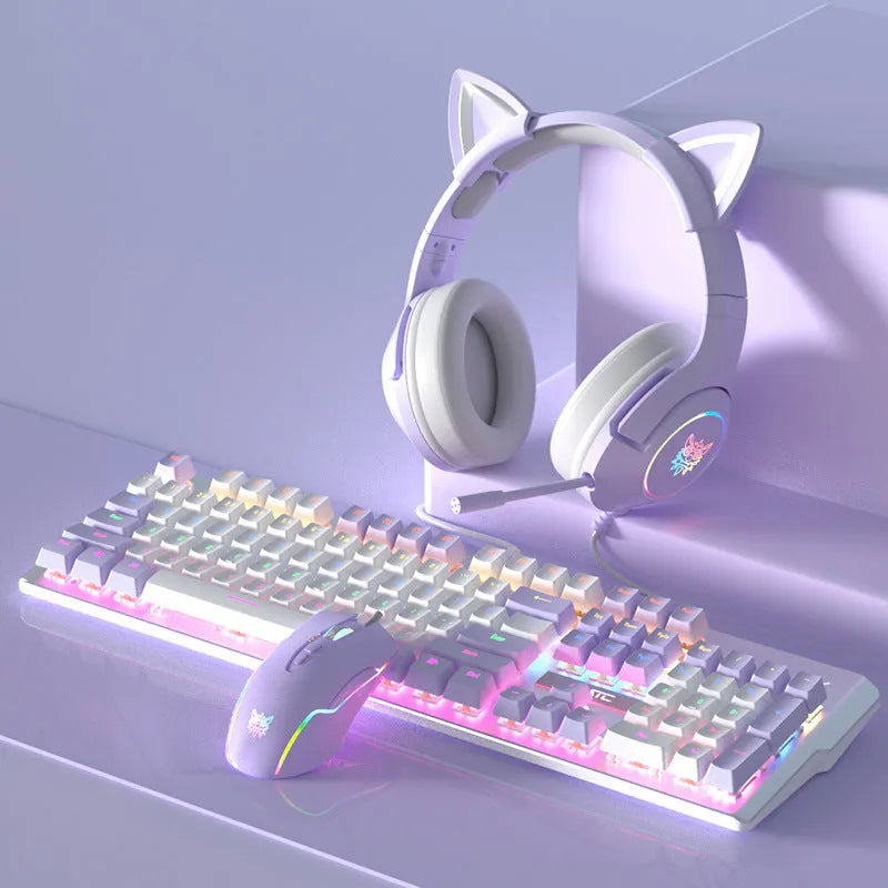 Purple and white mechanical keyboard and mouse combo set with backlit keys on desk