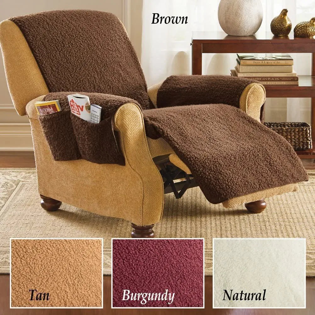 Lambswool texture polyester sofa slipcover in beige, shown on a cushion.