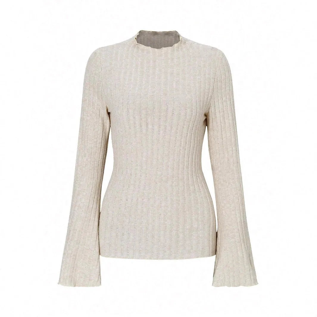 Black slim fit long sleeve polyester top with round neck and lantern sleeves on a hanger