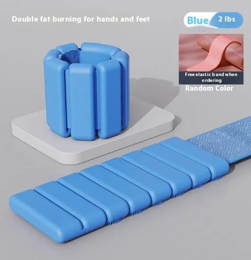 Silicone fitness weight bracelet with Velcro strap shown in black, blue, grey, or pink.