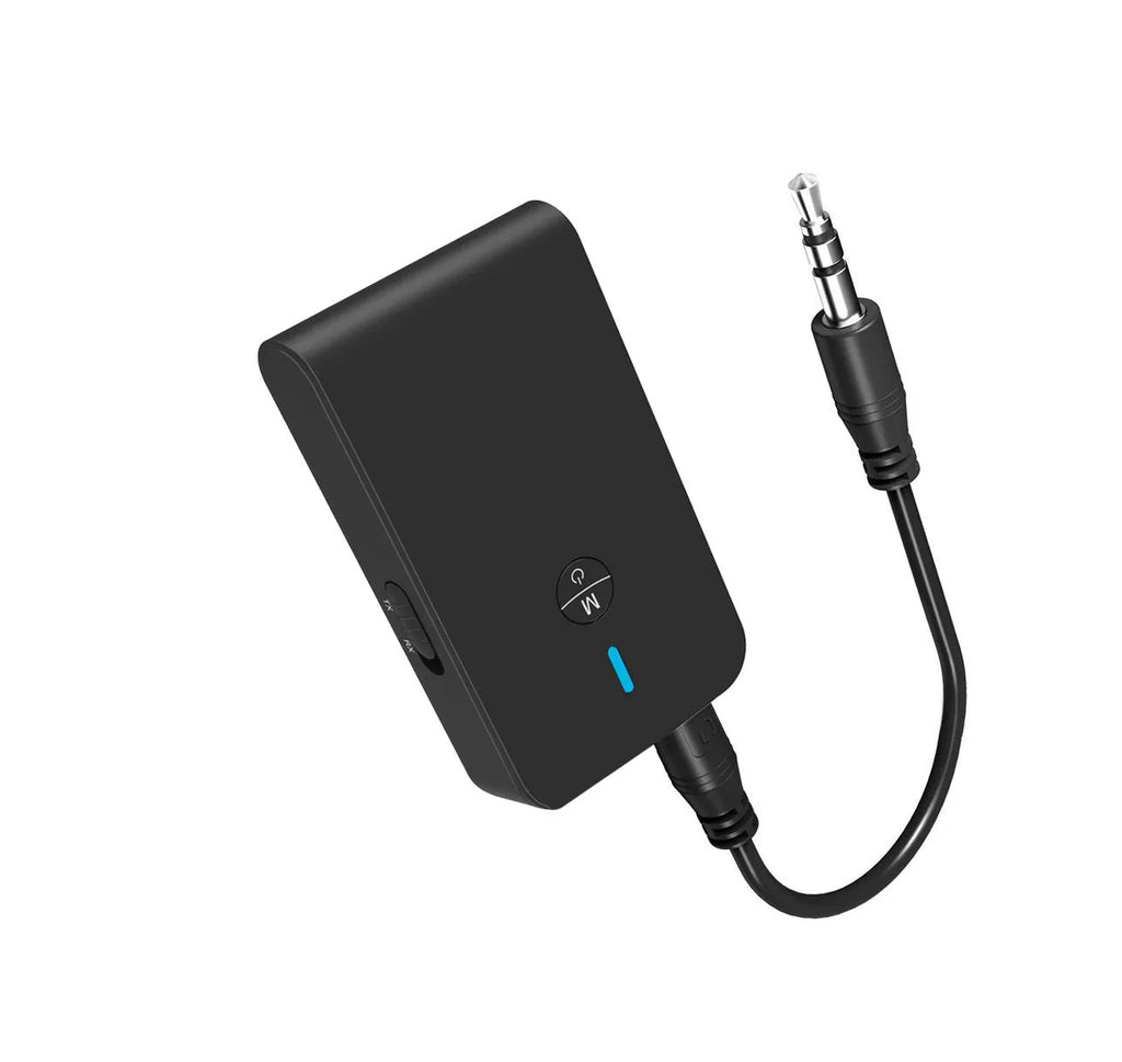 Black Bluetooth audio adapter with 3.5mm AUX jack for converting wired headphones to wireless operation