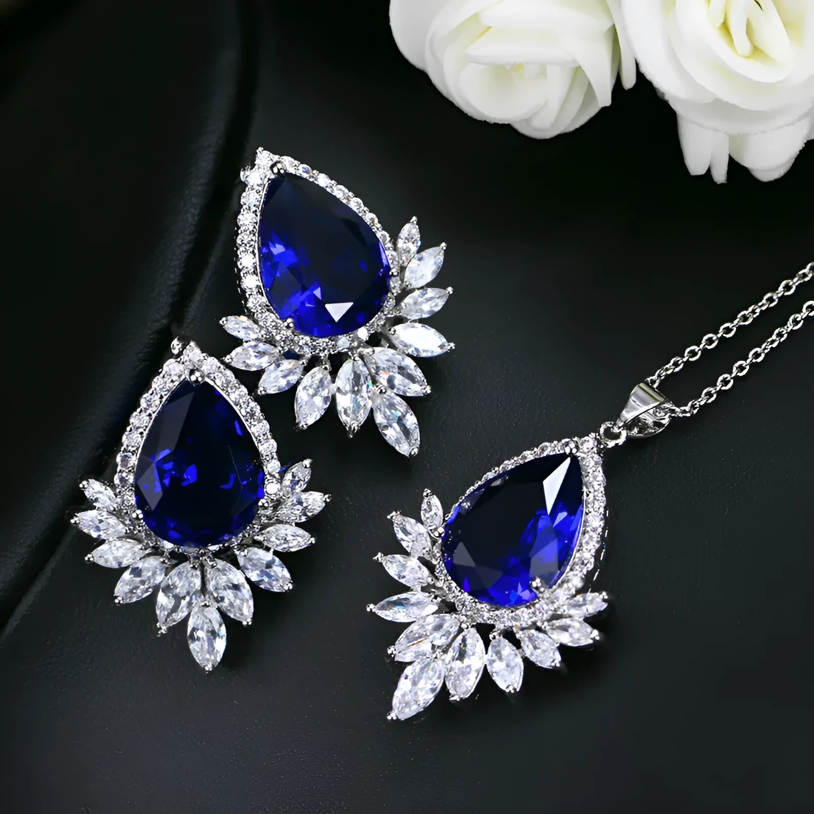 AAA jewellery chain set with necklace and earrings in blue, red and white colours for formal events