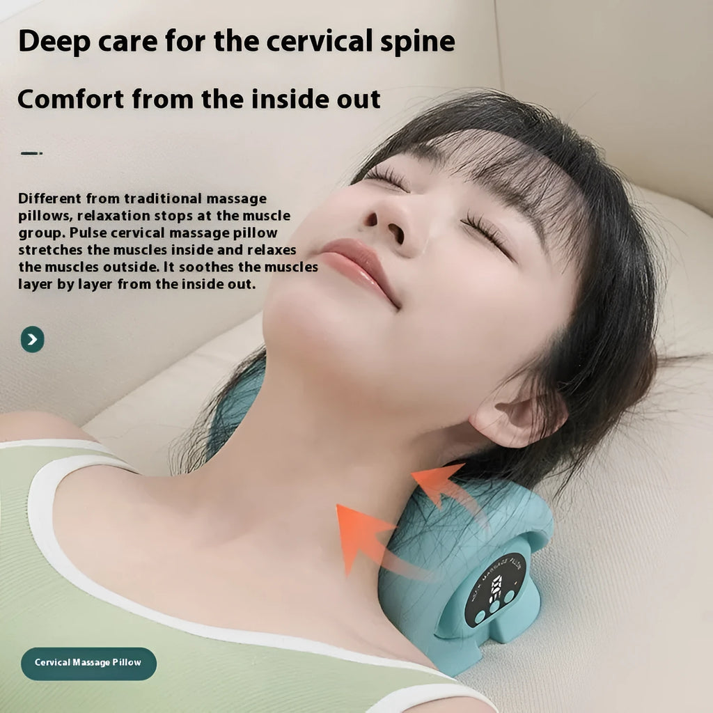 Blue-green cervical massage pillow with EMS, vibration and hot compress functions measuring 17x10x12cm