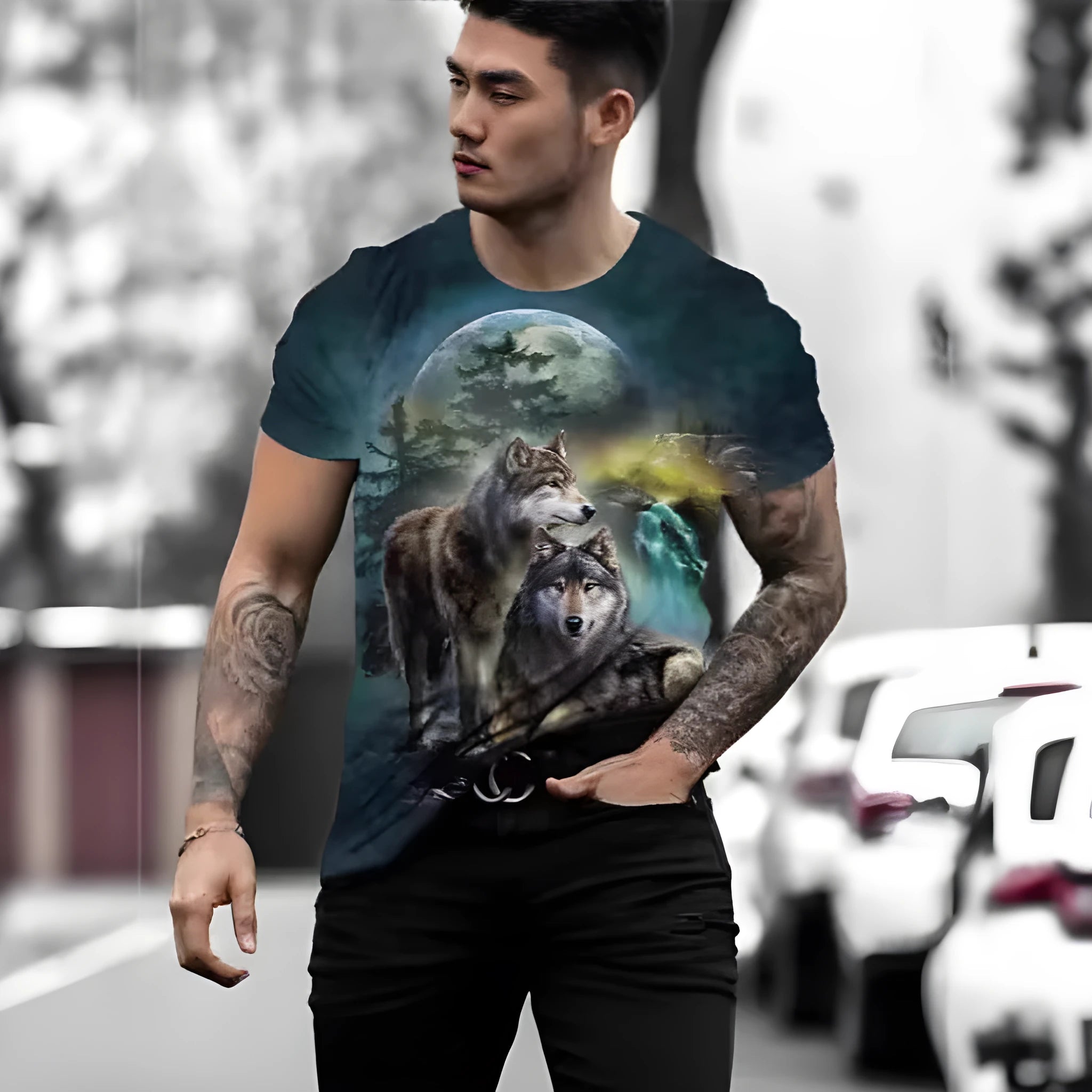 Retro 3D animal print design on a men's light grey short-sleeved t-shirt.