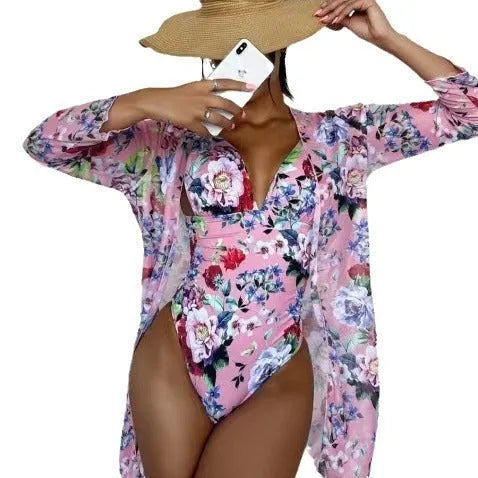 Women's floral pattern bikini three-piece swimsuit set with matching chiffon coat in one of seven colours