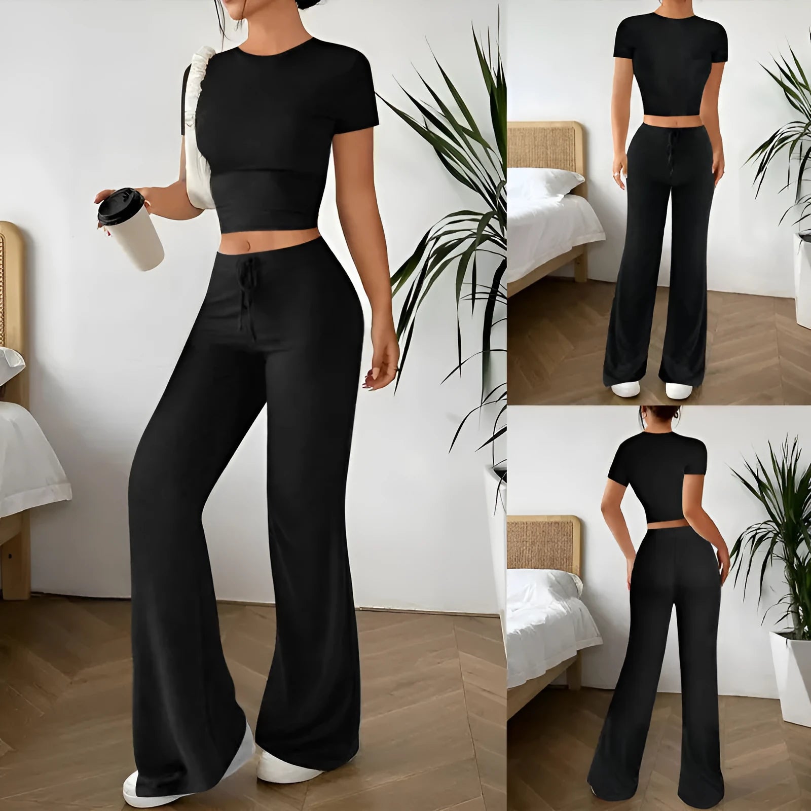 Women's black high waist trousers and regular sleeve t-shirt two-piece set laid flat.