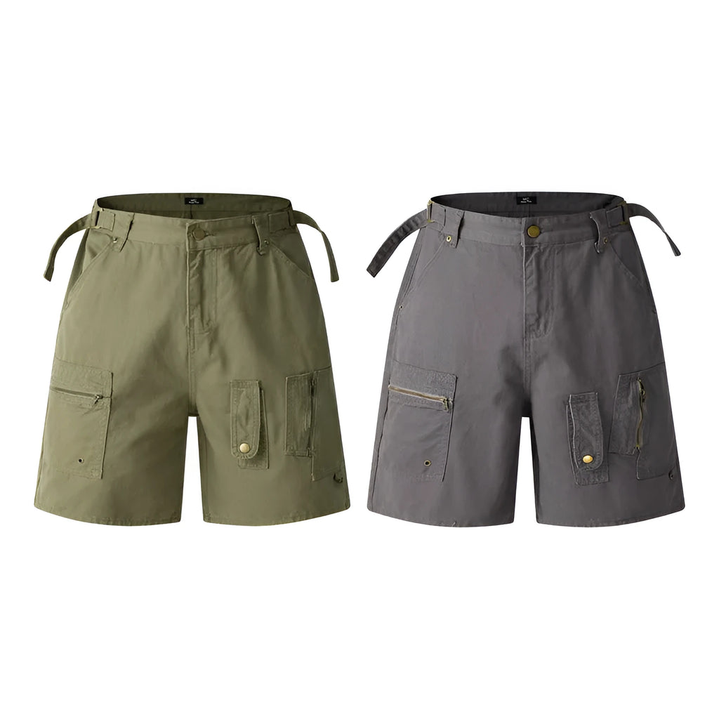 Retro loose-fit workwear shorts in washed cotton fabric with a zipper fly, shown in grey colour.