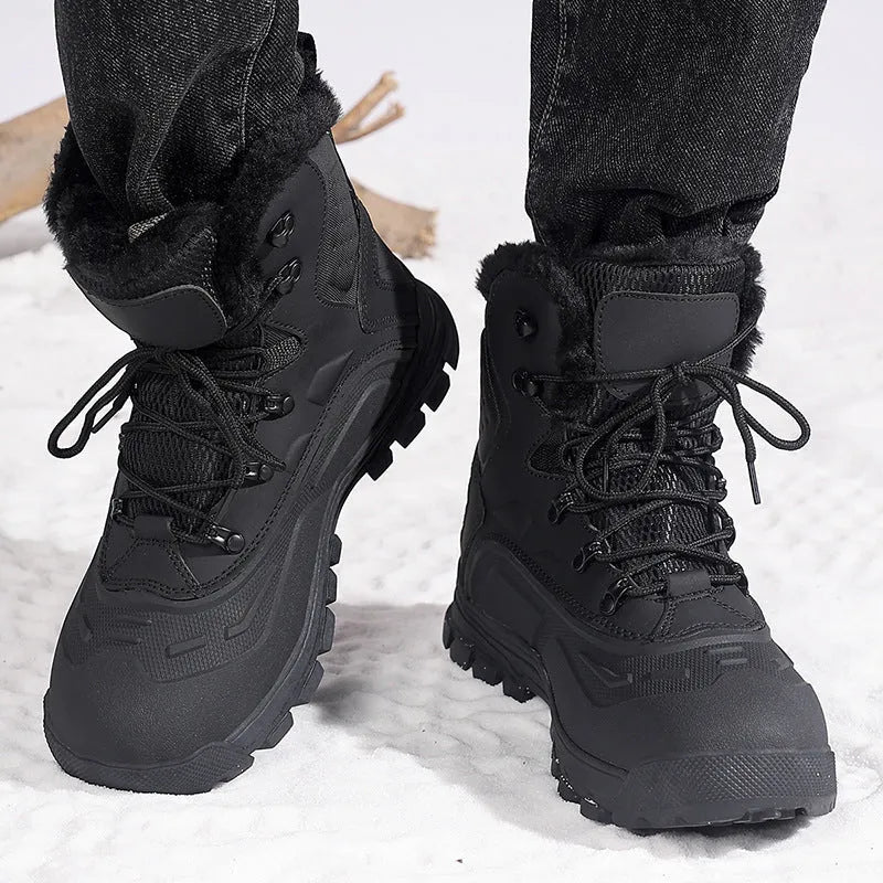 Men's black high-top lace-up boots with fleece lining, flat heel, and ribbed sole.