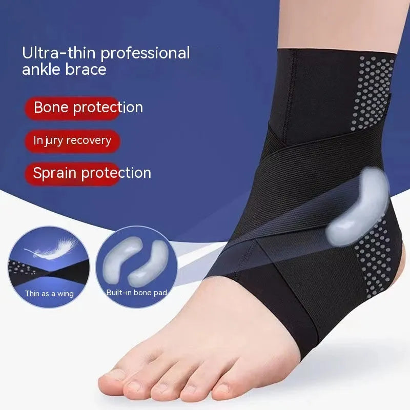 Black Lycra ankle support brace shown on adult ankle with adjustable sizing tab visible