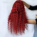 Red deep wave human hair wig, fully hand-woven, available in 12-34 inch lengths, with T-shaped head cover option.