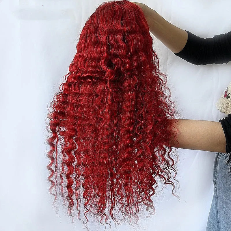 Red deep wave human hair wig, fully hand-woven, available in 12-34 inch lengths, with T-shaped head cover option.