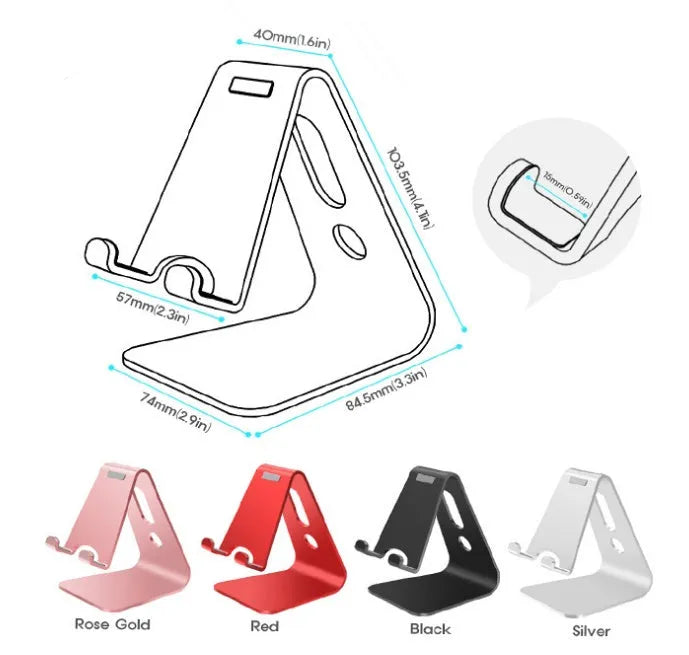 Metal universal phone and tablet stand in black, red, rose gold, and silver colours on a wooden table