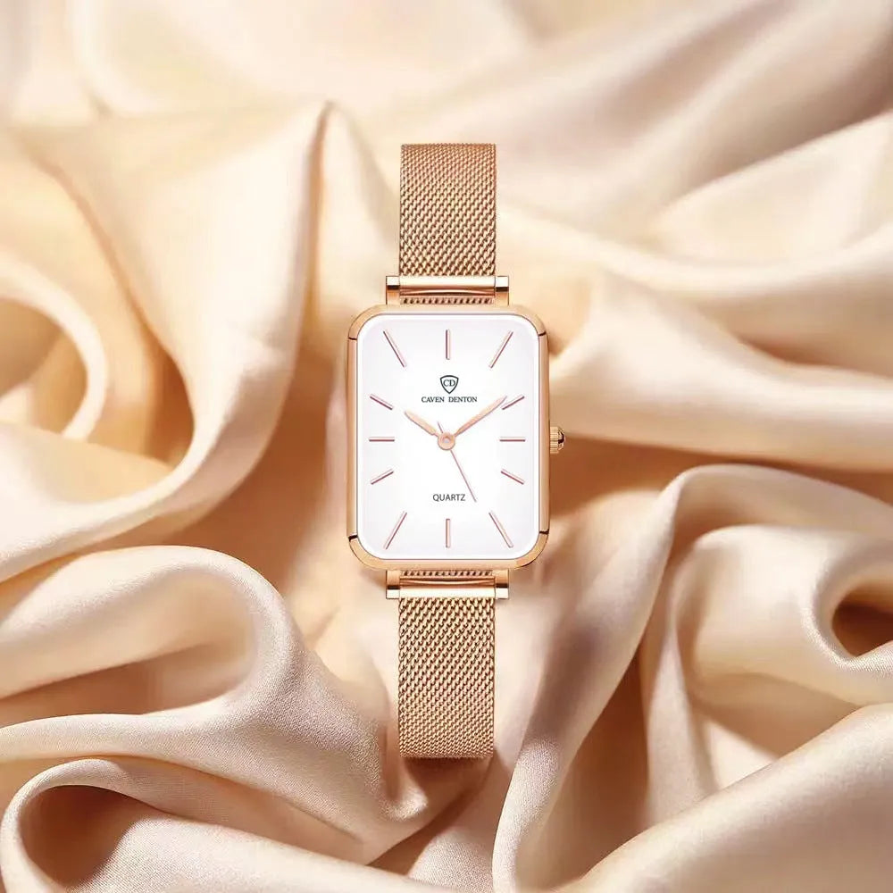 Women's rose gold and silver quartz watch with woven steel belt and 34mm alloy case