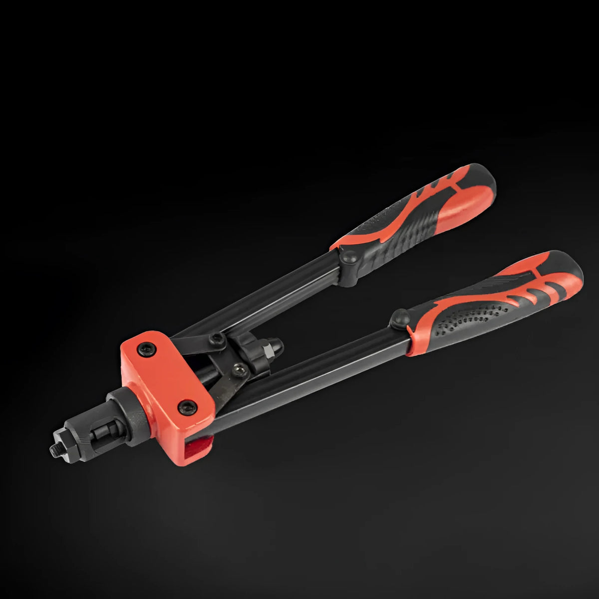 CQ14 14-inch alloy rivet nut pull-setter tool with six metric gun tips on grey background
