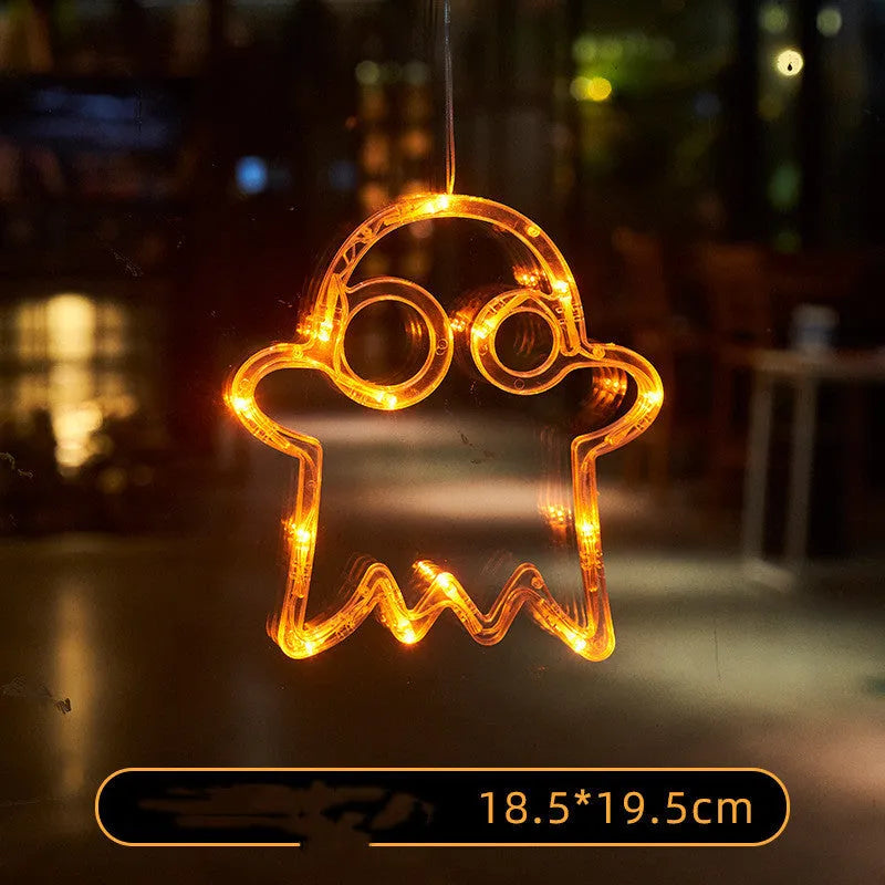 Halloween window hanging LED lights set with spider, pumpkin and ghost designs using battery power