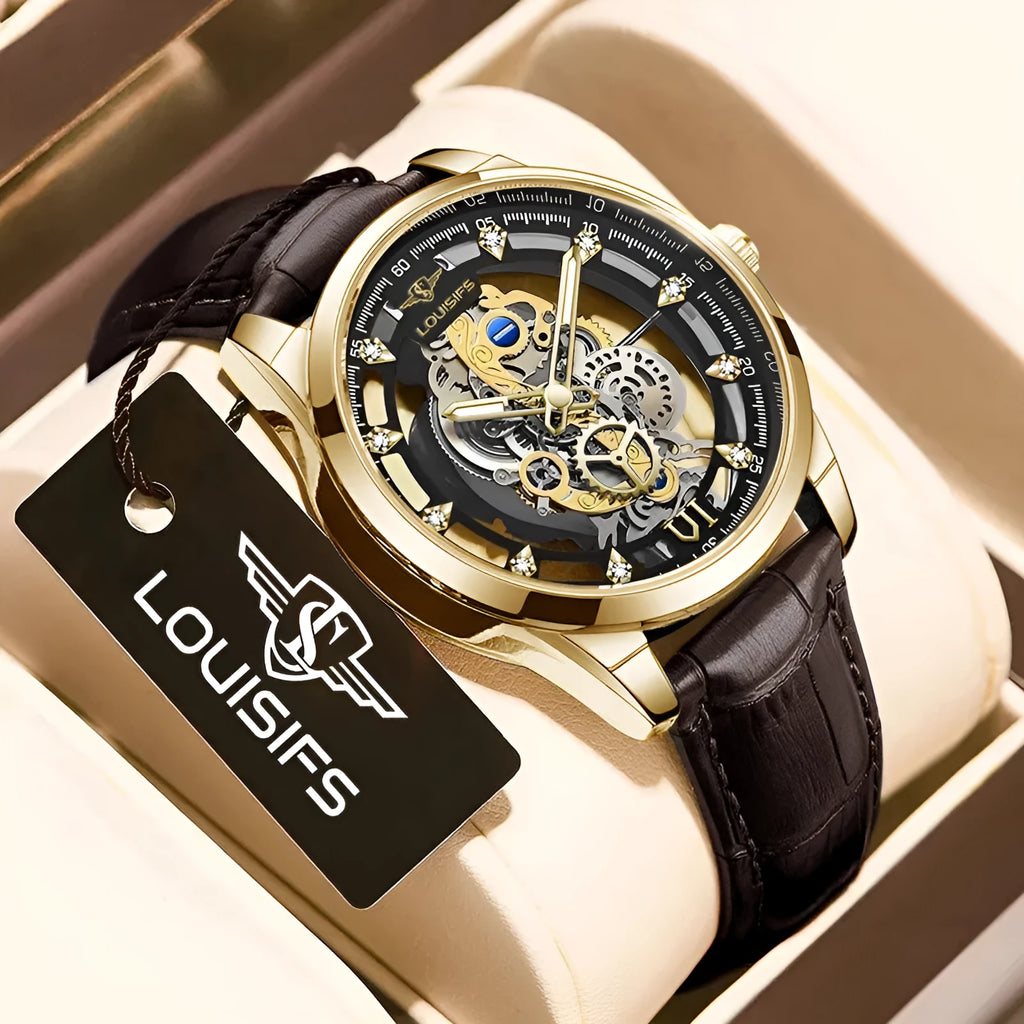 Swiss men's quartz watch with double-sided hollow case and leather strap in business styling