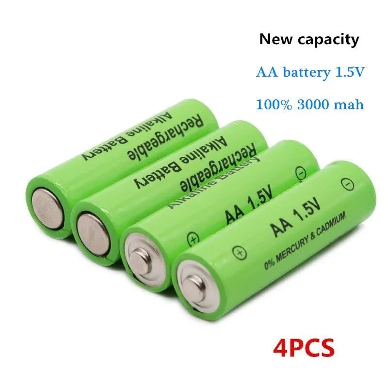 Alkaline rechargeable AA battery with 3000mAh capacity and 1.5V output, shown in green casing.