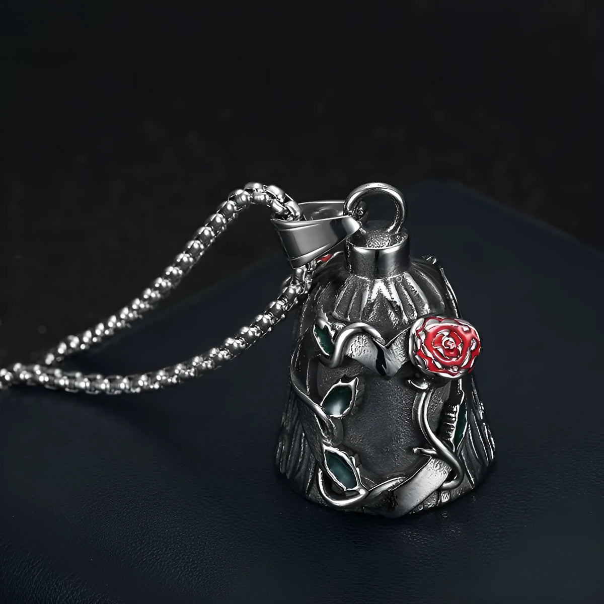 Titanium steel vintage polished motorcycle lucky bell with double-sided epoxy rose design in retro steel colour