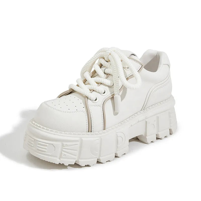 Women's beige leather muffin bottom casual shoes with rubber foam soles for height increase