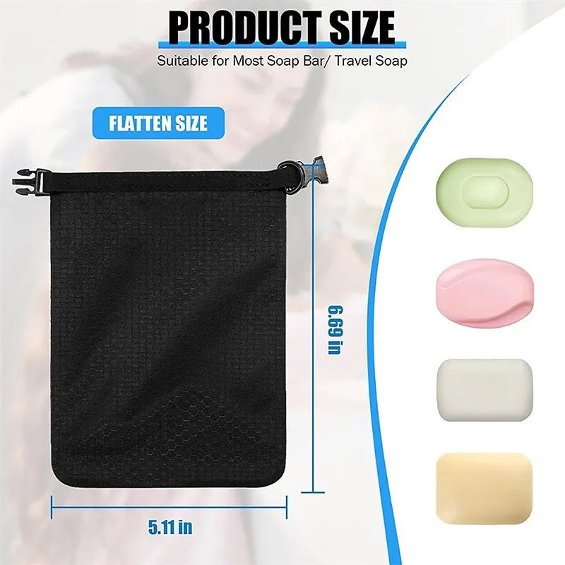 Waterproof soap container bag with bubble net construction measuring 17 x 13 cm