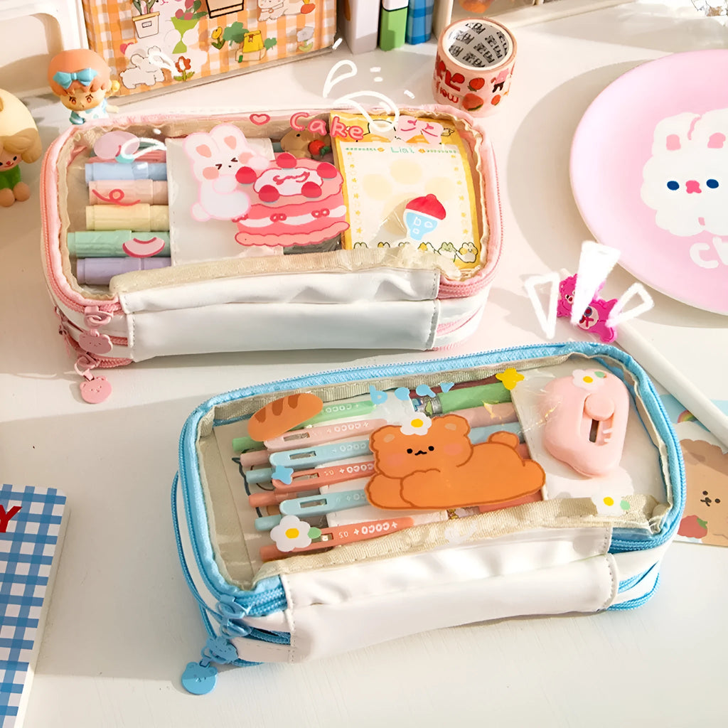 Japanese transparent heart-shaped pen bag in Korean style with rabbit designs