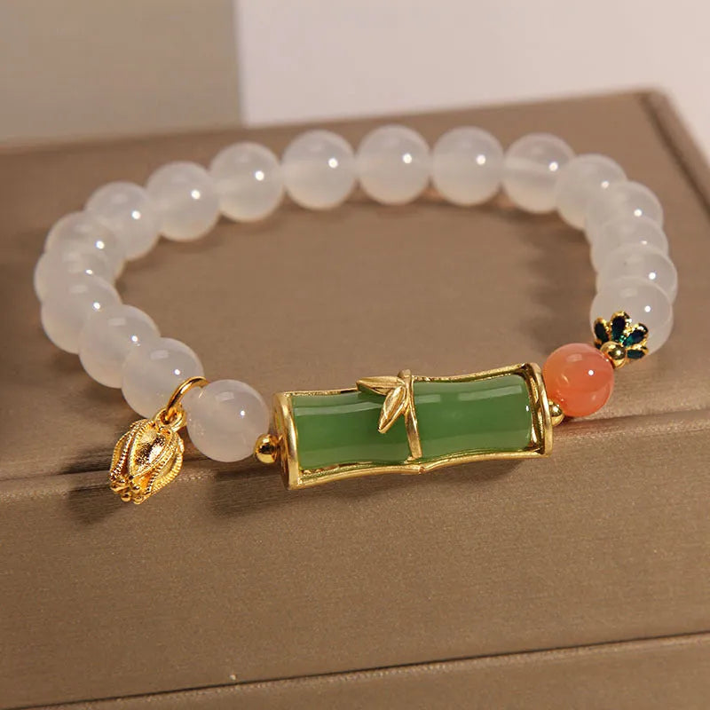 White agate and jasper beaded bracelet with jade bamboo joint centerpiece in New Chinese retro style for women