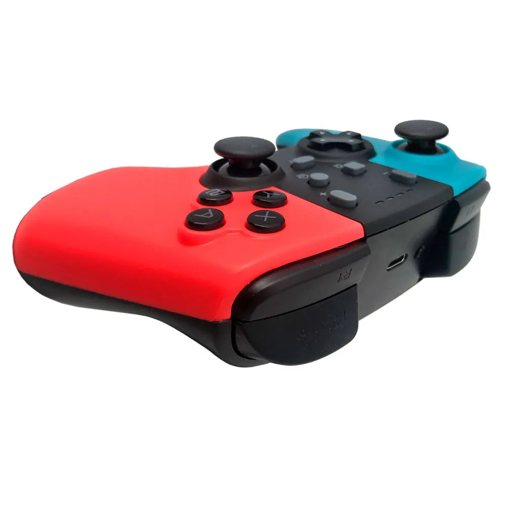 SWH wireless game controller for Nintendo Switch in hand, showing button layout and analog sticks.