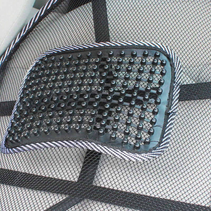 Black leather-look car lumbar support pillow measuring 41 by 39 centimetres.