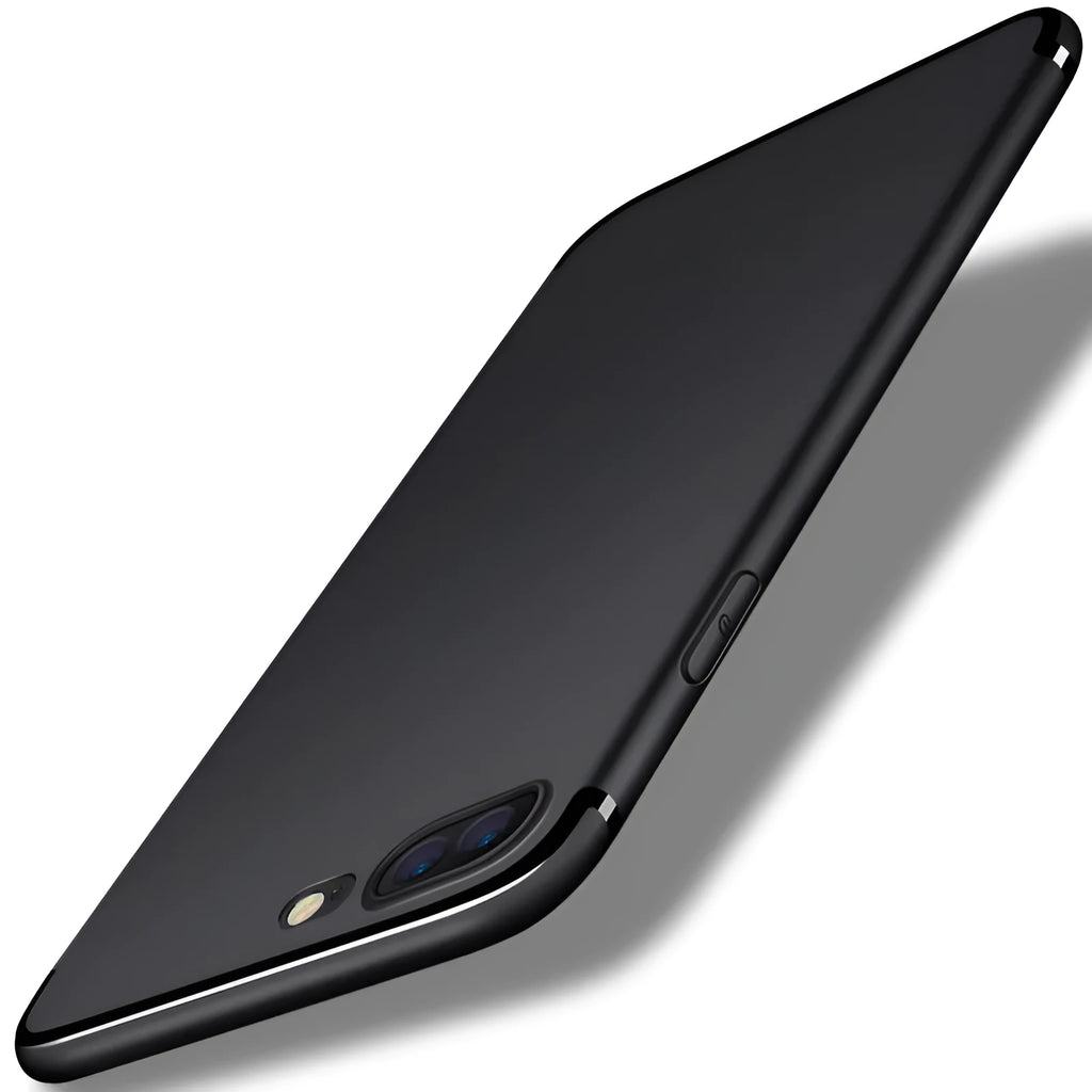 Flexible black TPU snap-on case for iPhone 7 shown next to blue, red, and white versions.