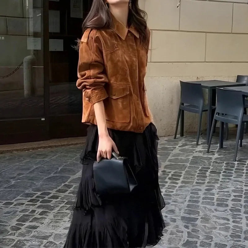 Women's brown suede-look polyester coat with regular sleeves in multiple sizes