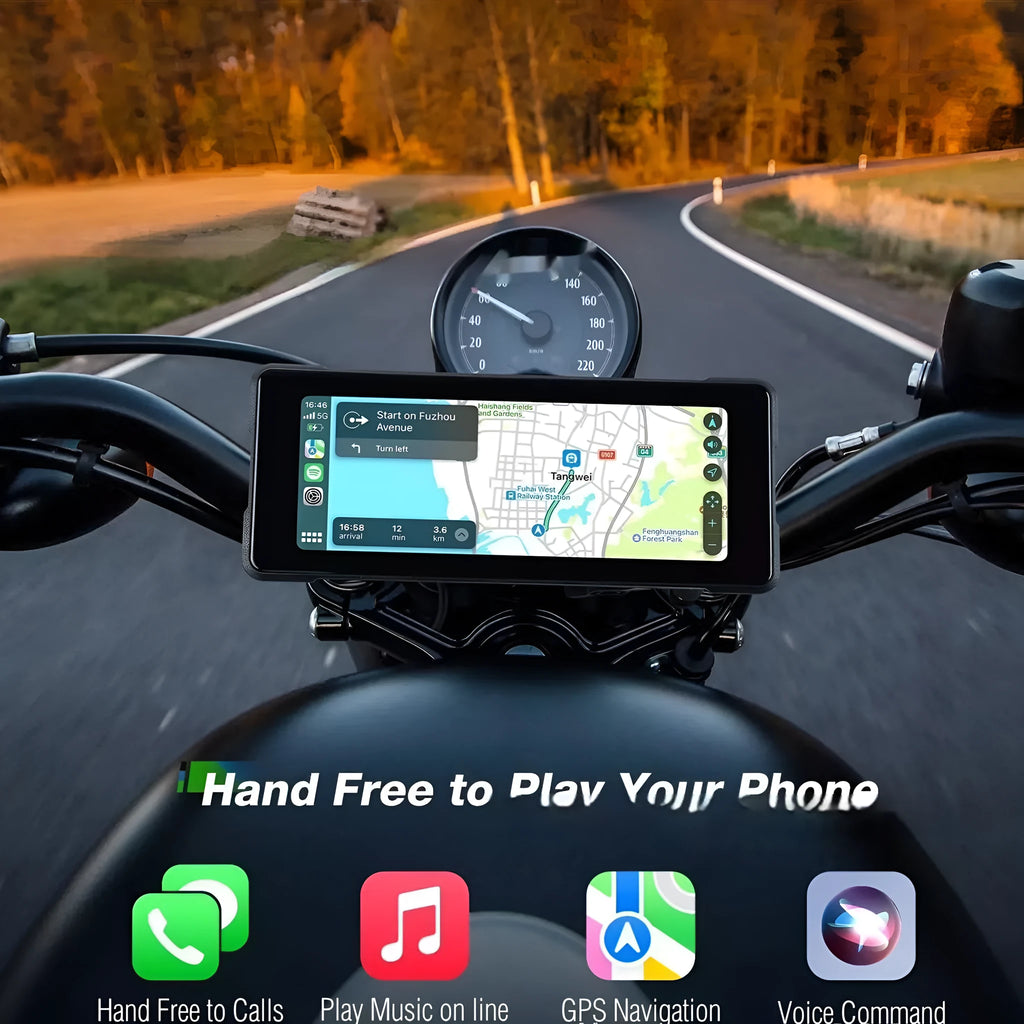 6.86-inch motorcycle CarPlay recorder with IP68 waterproof shell and dual 1080P cameras