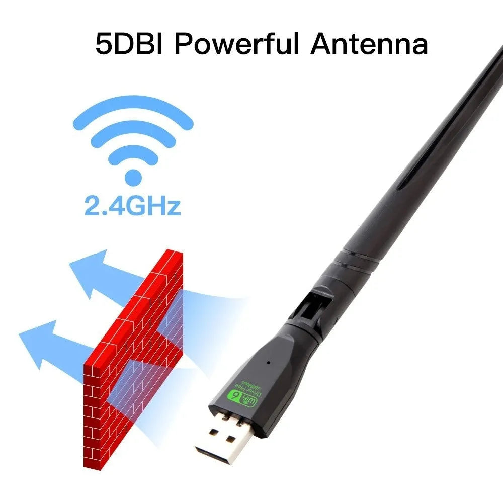 Black WiFi 6 wireless network card with USB connector for computer connectivity
