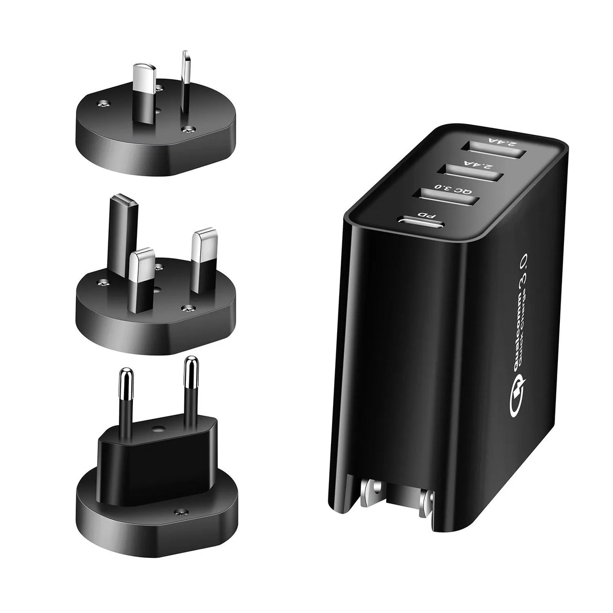 Black or white four-port USB-C charger with global plug options including AU, EU, UK, and US standards