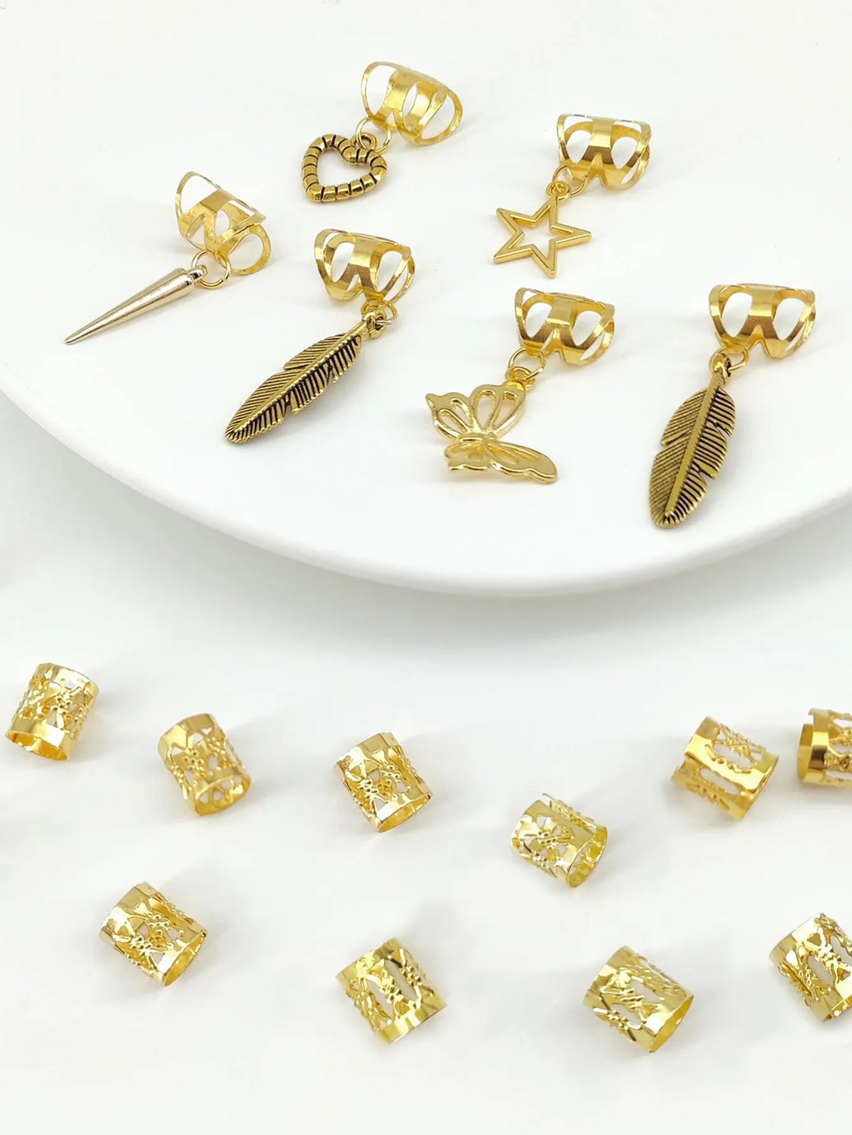 26 antique style dirty braid hair rings with leaf design in gold electroplated alloy