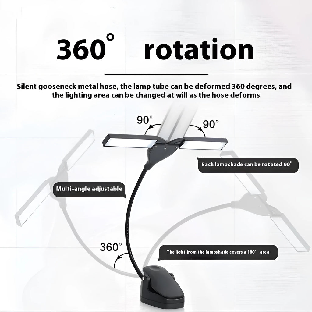 Black rechargeable LED music stand lamp with clip, shown illuminating sheet music.