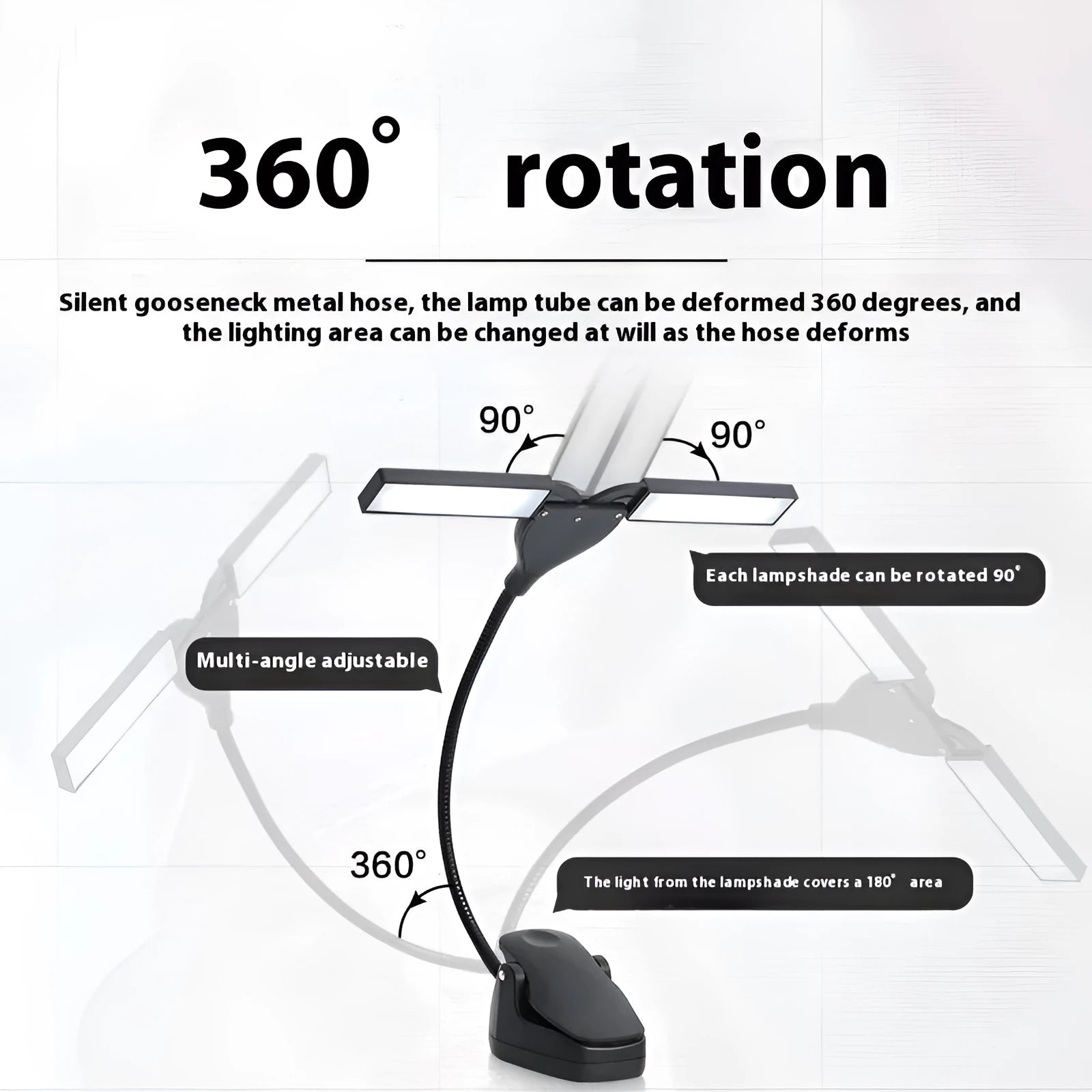 Black rechargeable LED music stand lamp with clip, shown illuminating sheet music.